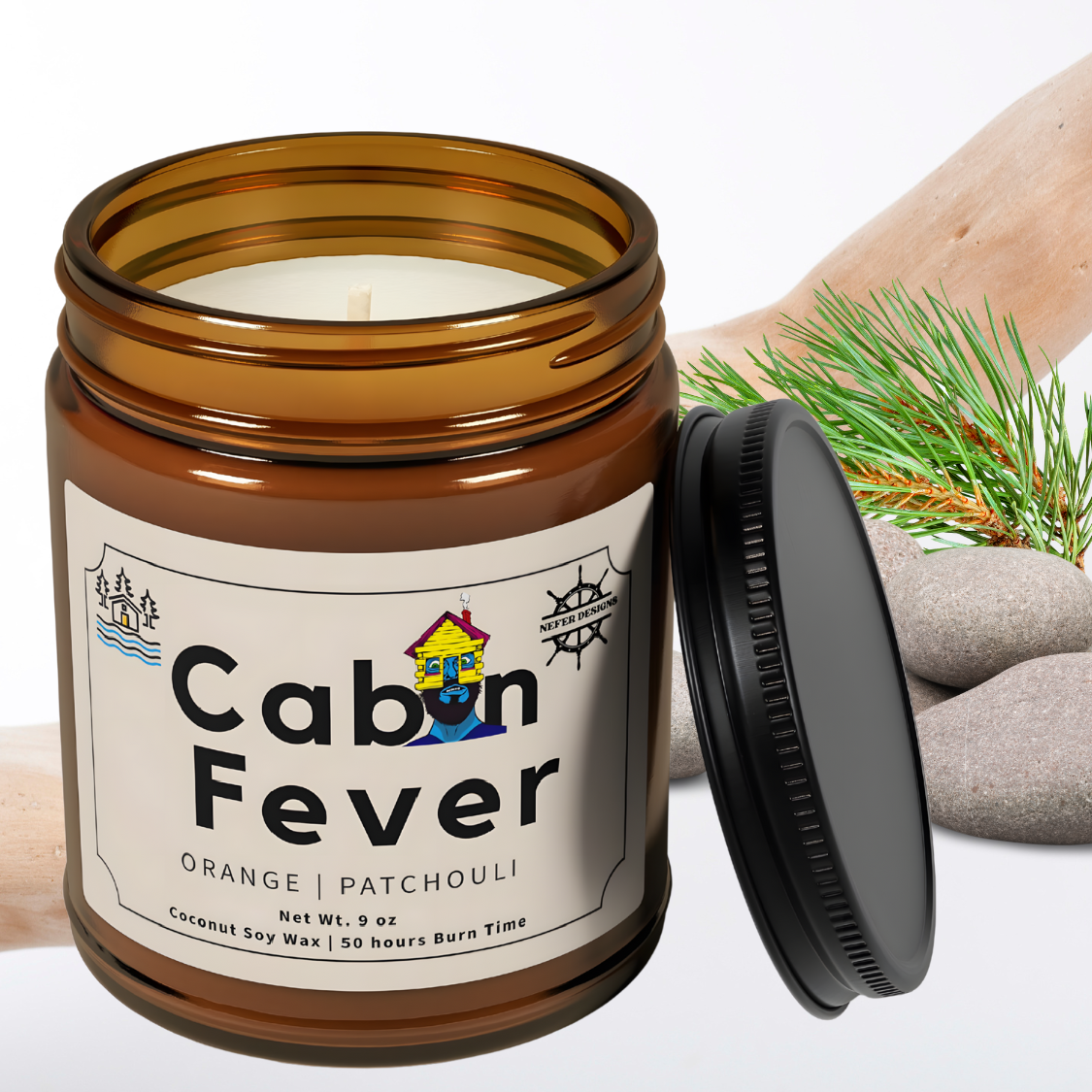 Amber jar Cabin Fever candle - Woodsy Orange & Patchouli scent - 9 oz coconut soy wax, 50 hour burn