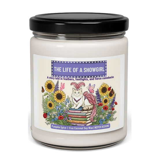 Candle jar with a decorative label featuring a cat, books, and flowers on a white background.