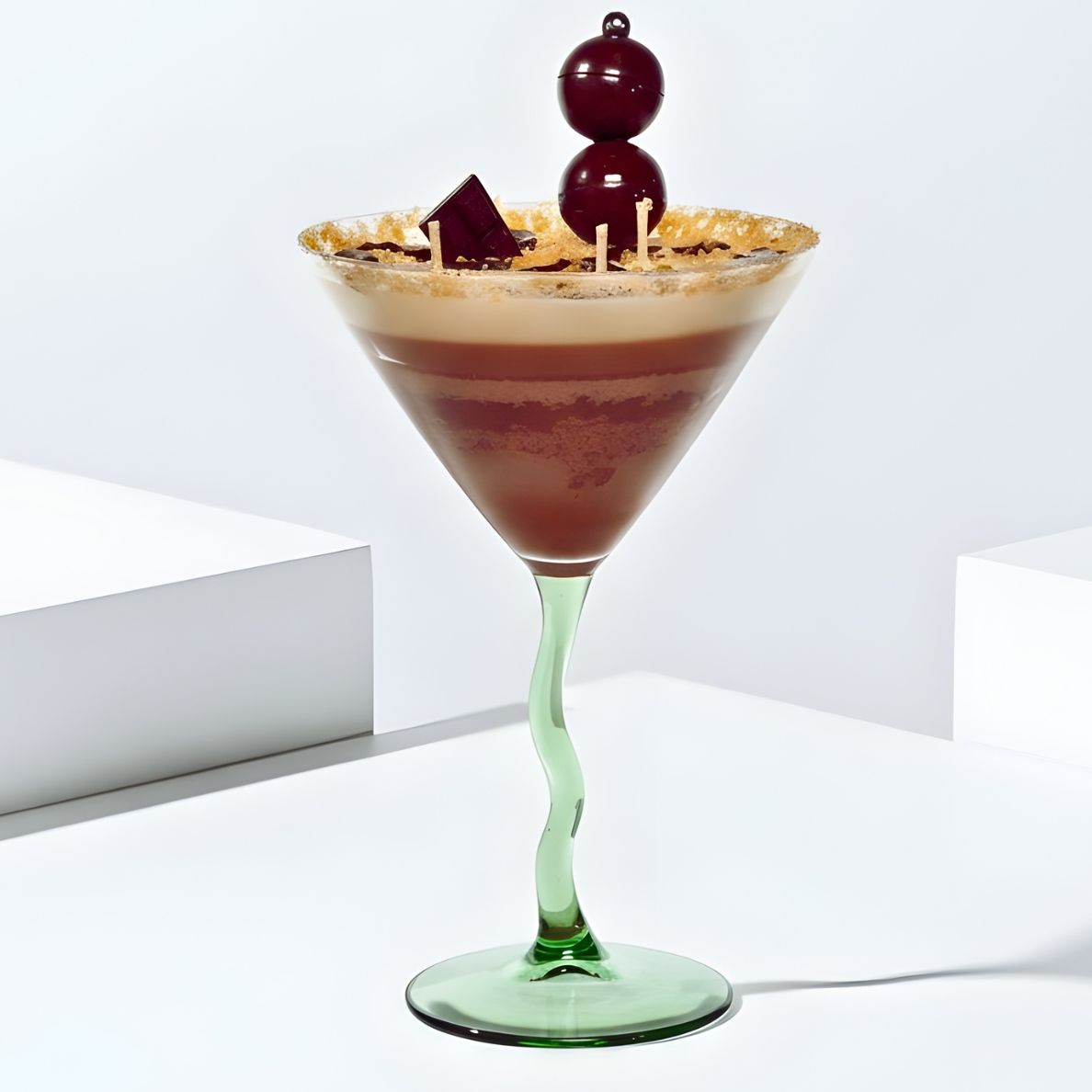 Front view of a 10 oz Chocolate Martini scented candle in a green wavy-stem martini glass on a clean white background with geometric blocks. The candle features realistic layered brown and cream wax, a faux sugar rim, chocolate drizzle, and chocolate-style embeds."