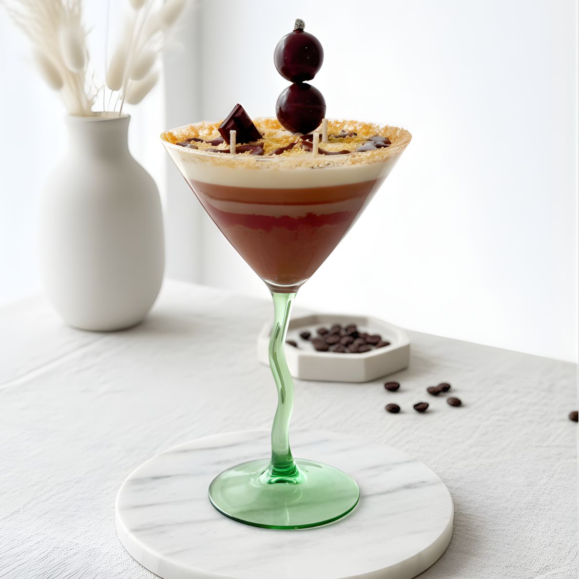 Chocolate Martini scented candle in a green wavy-stem martini glass, placed on a white marble coaster. The background shows a modern white vase with dried pampas grass and scattered coffee beans, creating an elegant lifestyle scene for home decor.