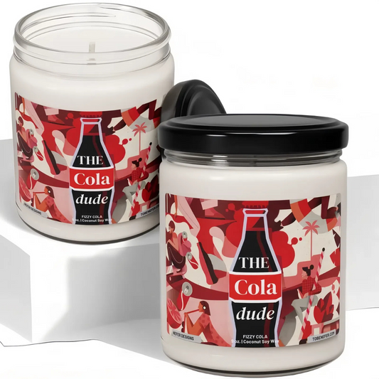 A 9oz Cola Dude Soda Pop Soy Candle in a jar, featuring a bold red design. Hand-poured with a coconut and soy wax blend, it fills the air with the nostalgic scent of classic cola. A fun gift for soda lovers and vintage fans.