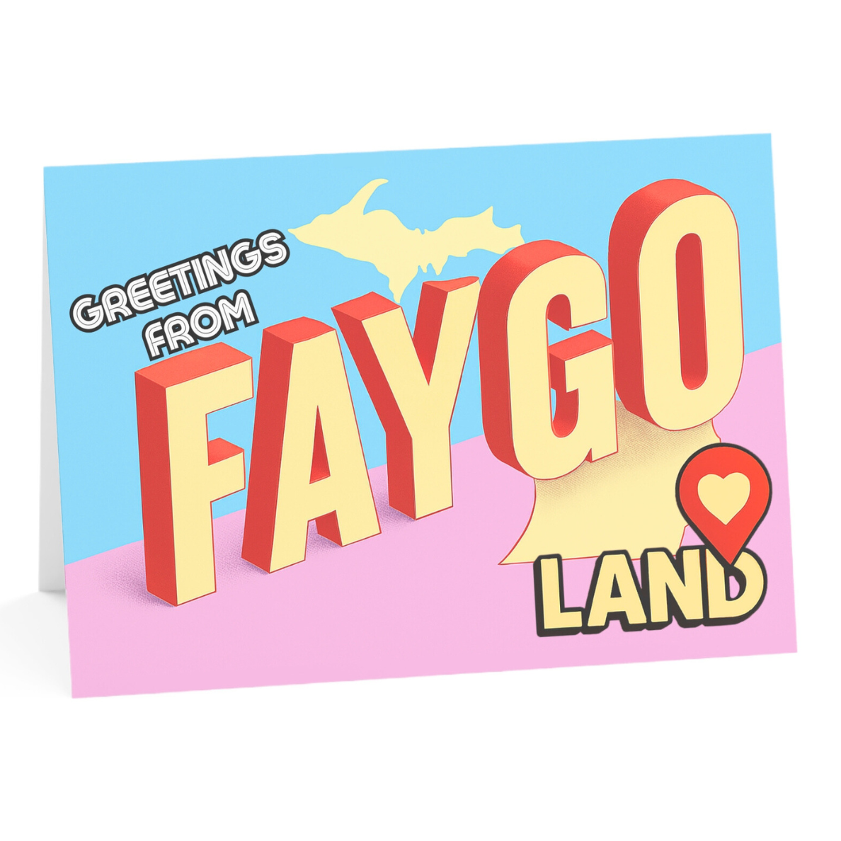Greeting card with 'Greetings from FAYGO Land' text on a blue and pink background