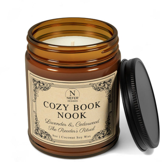 mber glass jar candle labeled "Cozy Book Nook" by NEFER Designs, featuring Lavender & Cedarwood scent and "The Reader’s Ritual" tagline. Candle is shown with black lid beside it on a white background.