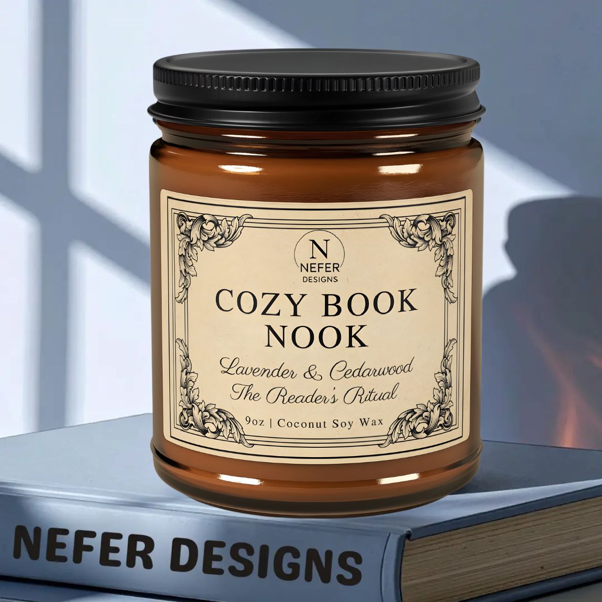 Cozy Book Nook candle by NEFER Designs placed on a book spine with soft window light and flame reflection. Label reads Lavender & Cedarwood, "The Reader’s Ritual," 9oz Coconut Soy Wax.