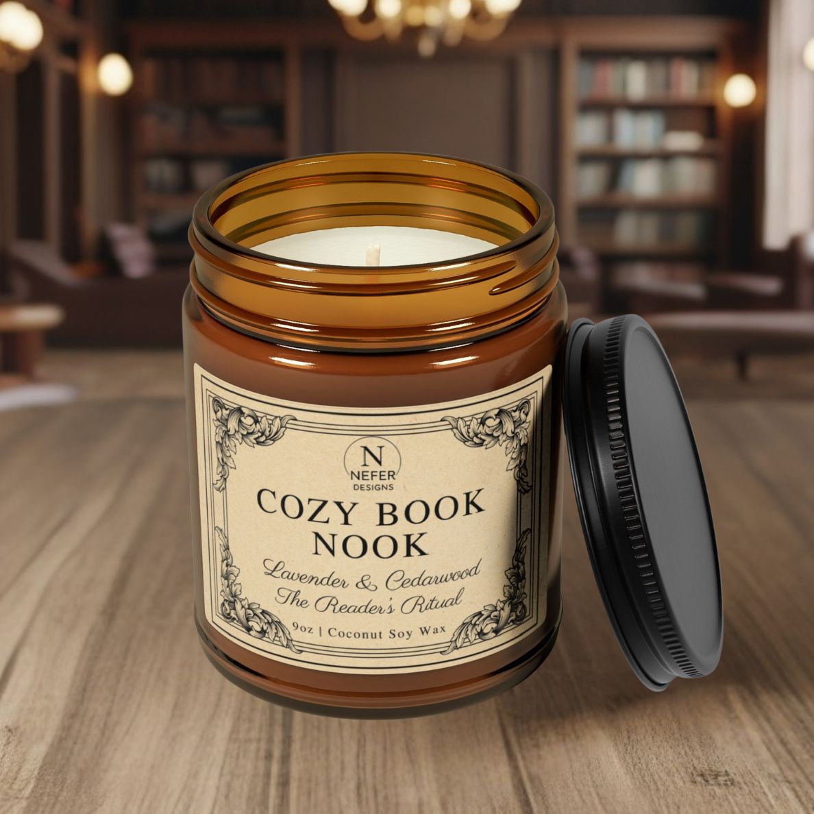 NEFER Designs Cozy Book Nook candle on a wooden surface with blurred library background. Amber jar with vintage label featuring Lavender & Cedarwood scent and "The Reader’s Ritual" tagline.
