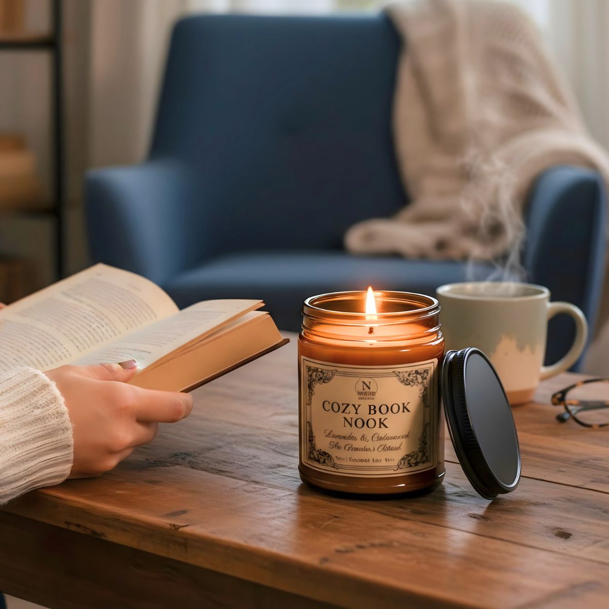 Lit Cozy Book Nook candle by NEFER Designs on a wooden table beside a steaming mug and open book. Amber jar labeled Lavender & Cedarwood, "The Reader’s Ritual," in a cozy reading room setting.