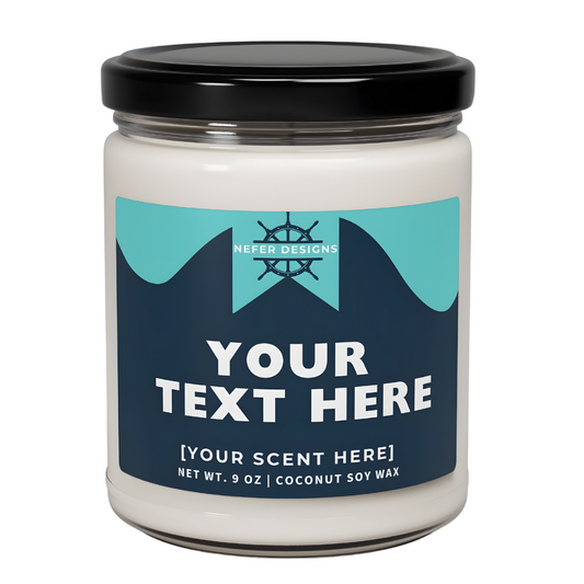 Clear glass jar customizable lake-themed soy candle with placeholder text for personalization. Label reads 'YOUR TEXT HERE' and 'YOUR SCENT HERE,' made with 9 oz coconut soy wax by Nefer Designs.