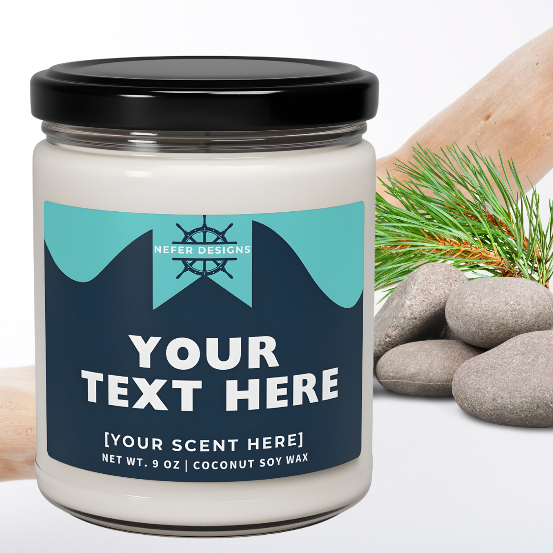 Elegant customizable soy candle by Nefer Designs, with space for personalized lake-themed messages and aromas. 9 oz coconut soy wax, phthalate-free.