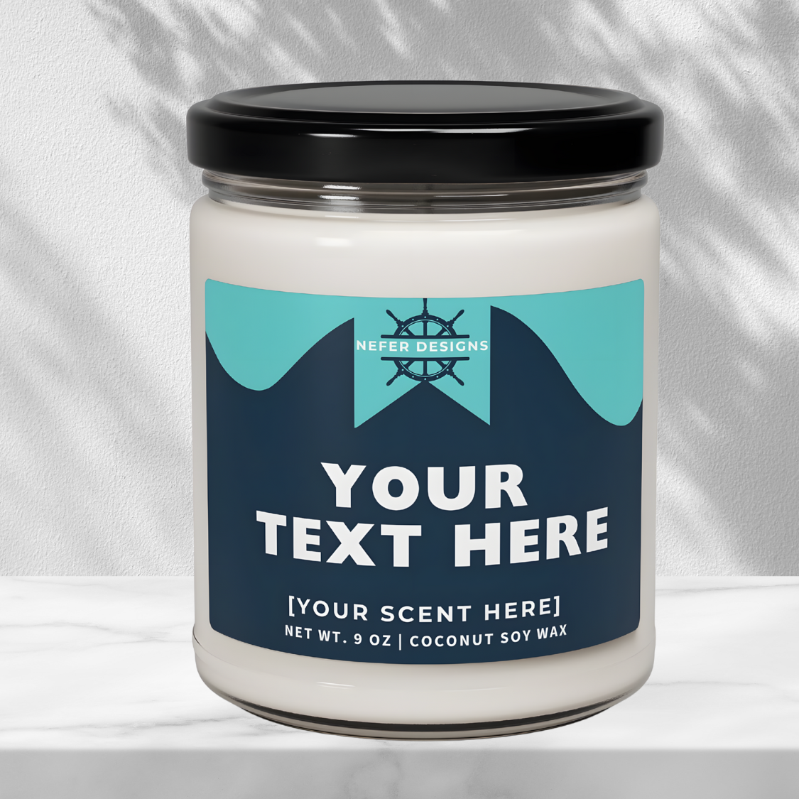 Personalizable lake candle in clear glass, showcasing a clean design with fields for custom text and scent. Includes weight (9 oz) and coconut-soy wax blend details