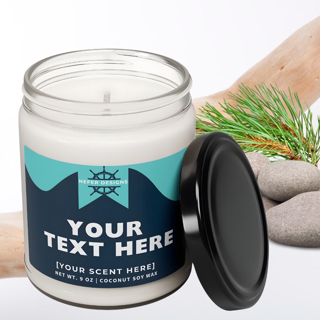 Hand-poured lake-inspired candle in clear jar, ready for custom names and scents. Label highlights 9 oz net weight and natural coconut soy wax ingredients