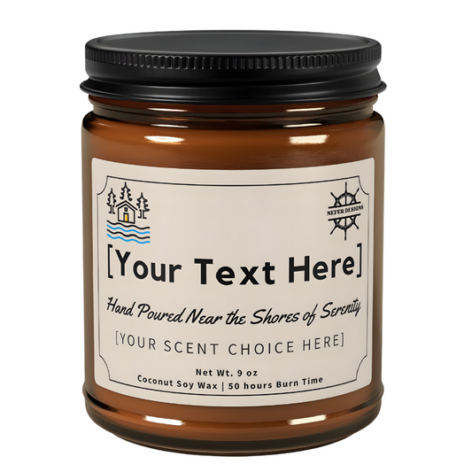 Amber glass jar customizable lake candle with space for personal text and scent choice. Hand-poured coconut soy wax with 50-hour burn time, inspired by shores of serenity.