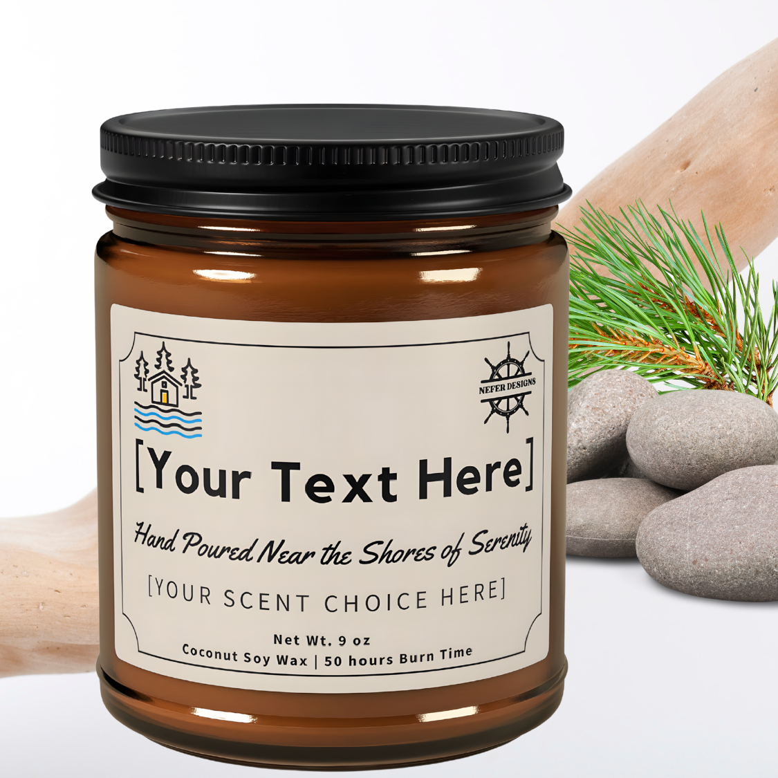 Personalized nautical-themed candle in amber jar featuring editable text field. 9oz coconut soy wax blend burns for 50 hours - perfect for lake house gifts.