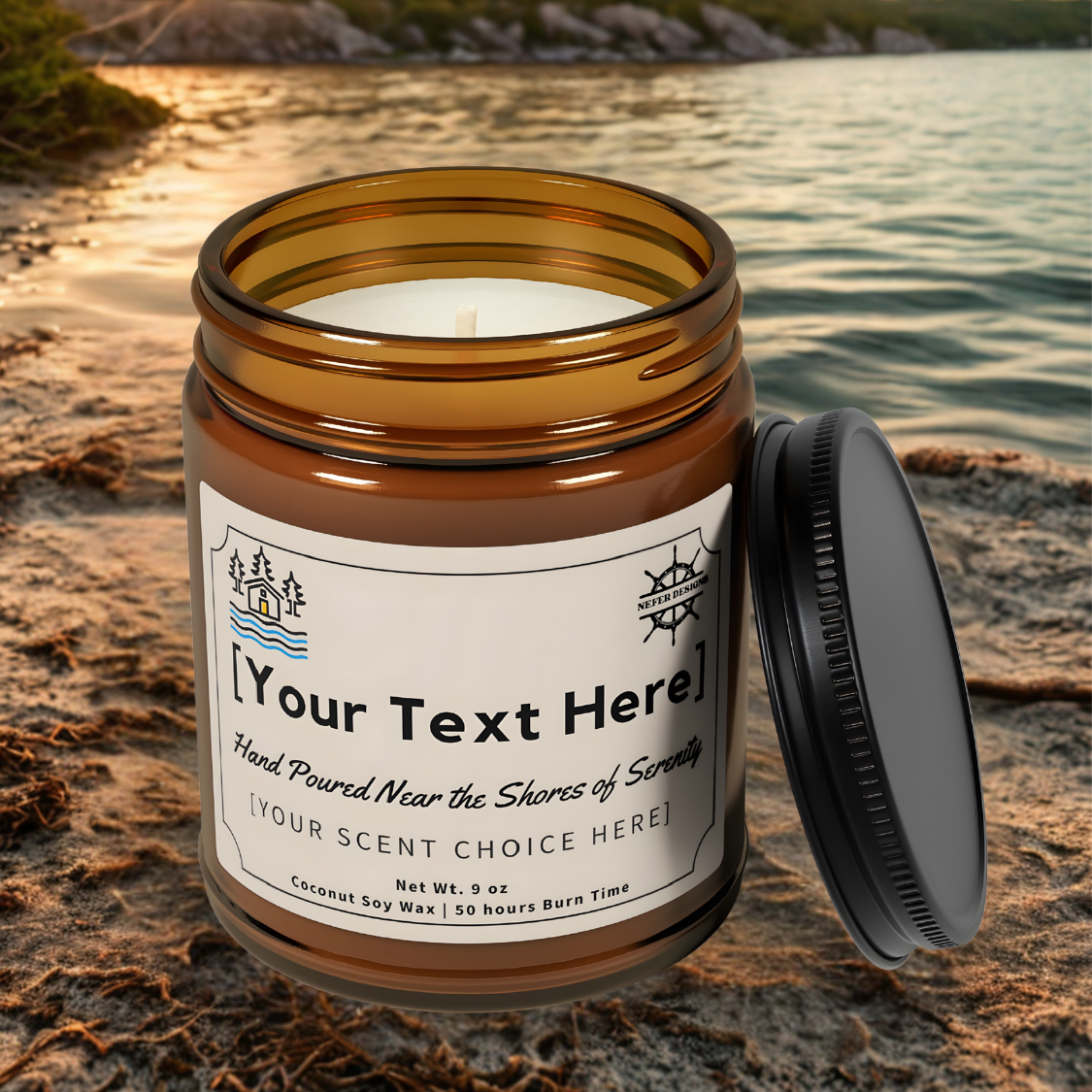 "Rustic amber jar candle customizable with your message and fragrance. Handcrafted near symbolic shores with clean-burning coconut soy wax (50 hour duration)