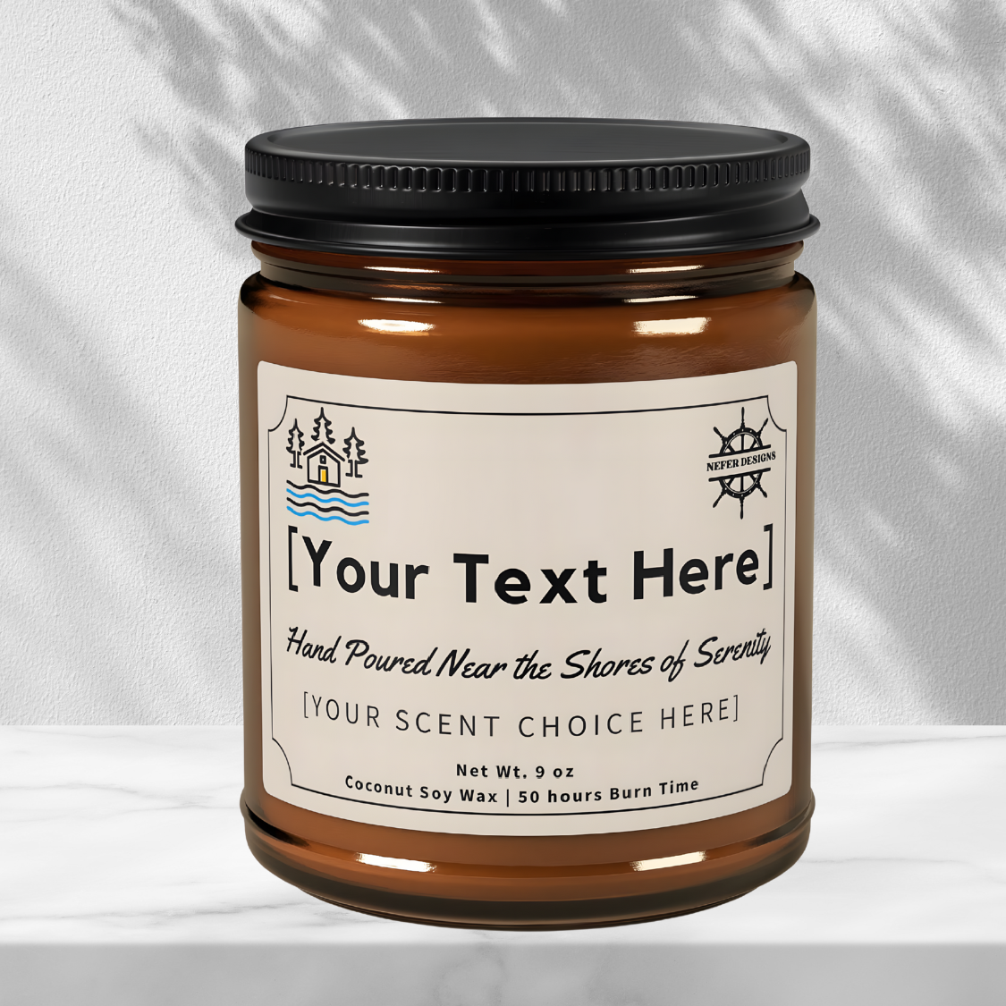 Artisanal lake-inspired candle in honey-toned glass jar ready for custom text. Features 9oz premium coconut soy wax with extended 50-hour fragrance