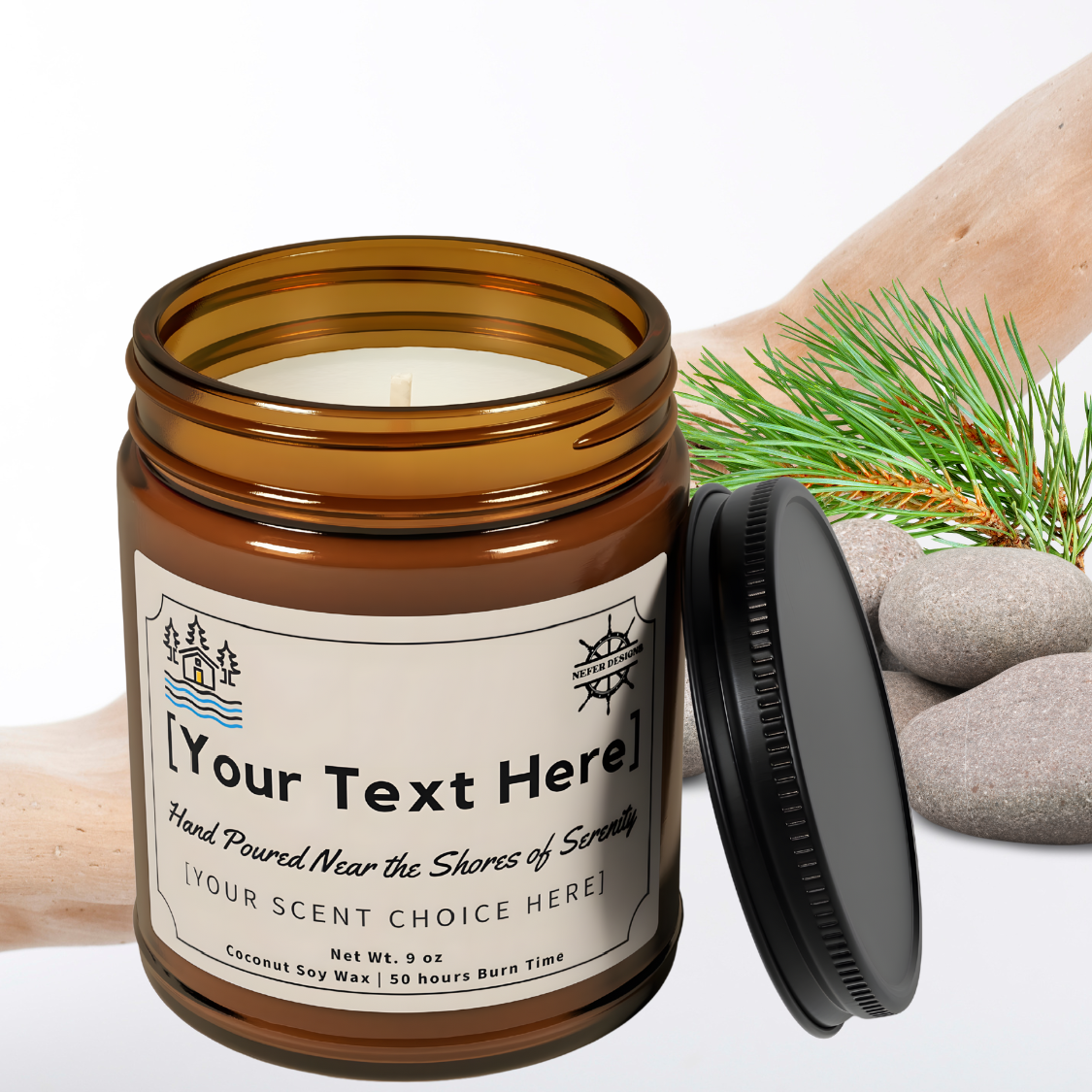 "Coastal-themed personalized soy candle in amber vessel. Shows placeholder for custom scent choice and message, with eco-friendly 50-hour burn details.