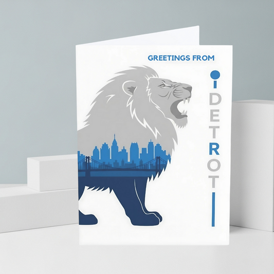 Greeting card with a lion design and 'Greetings from Detroit' text on a white background