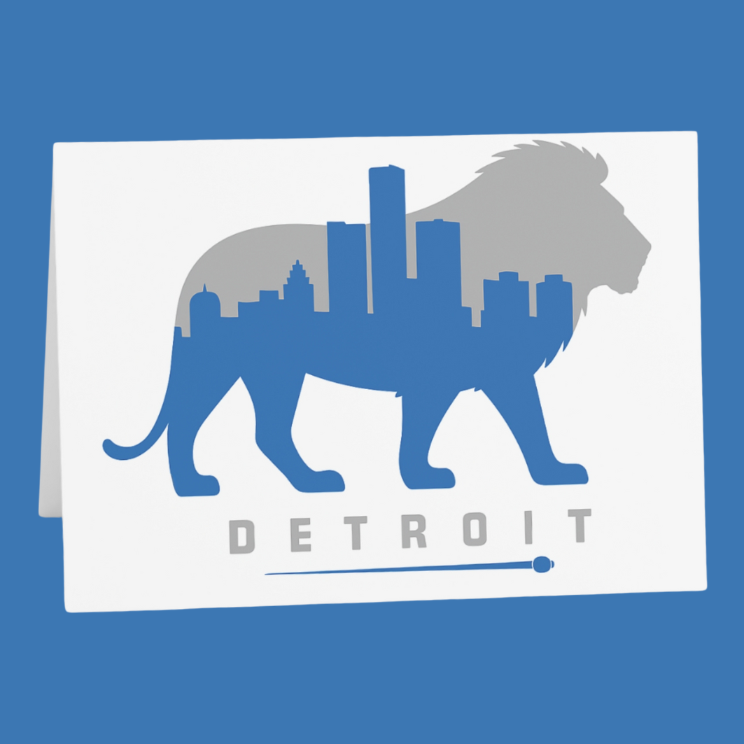 Card with blue lion silhouette featuring Detroit skyline on a white background