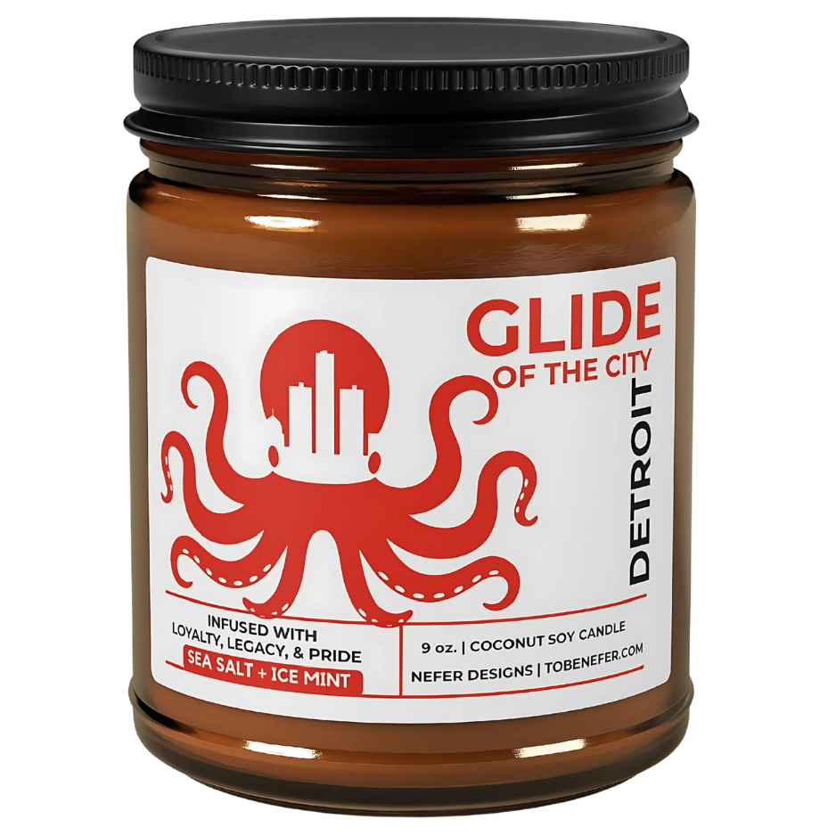 Jar of 'Glide of the City' candle with red octopus design on a white background