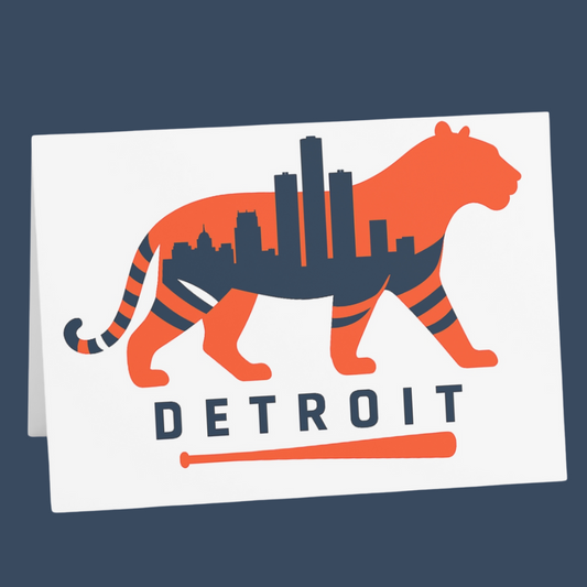 Card with an orange tiger silhouette featuring a city skyline and 'Detroit' text on a white background.