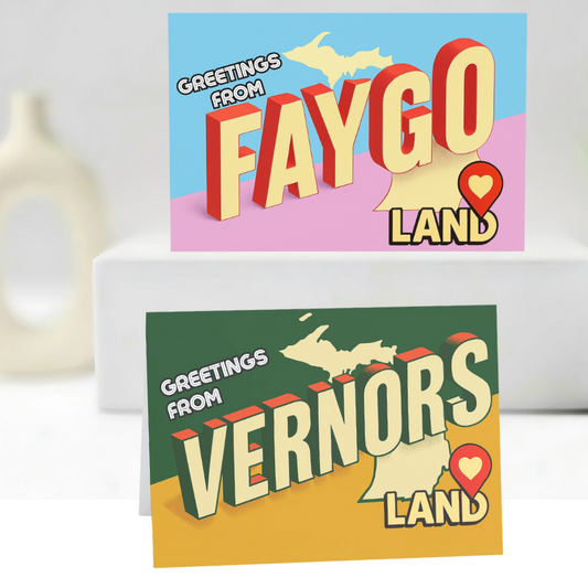 Two greeting cards with 'Faygo Land' and 'Vernors Land' text on a light background