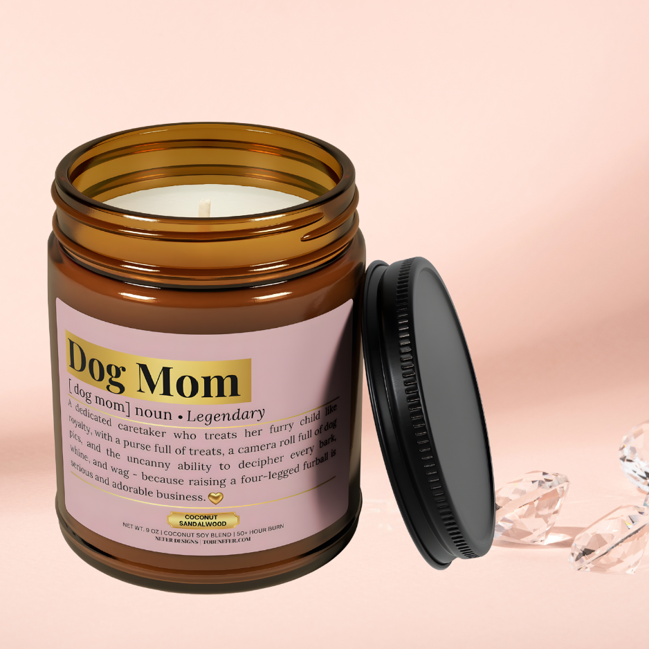 Dog Mom scented candle in Lake Musk - 9oz coconut soy blend with dictionary-style definition about loving muddy paws and slobbery kisses. Pet-safe and clean-burnin