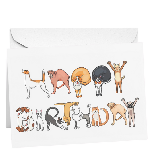 Greeting card with cartoon animals forming the word 'Bed' on a white background