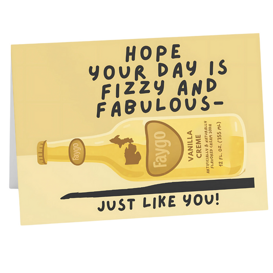 Greeting card with a vanilla cream soda bottle illustration and text on a yellow background
