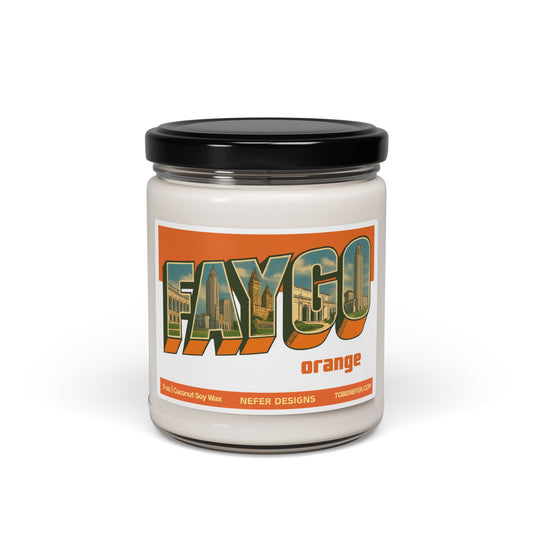 Candle jar with 'FAYGO orange' label on a white background
