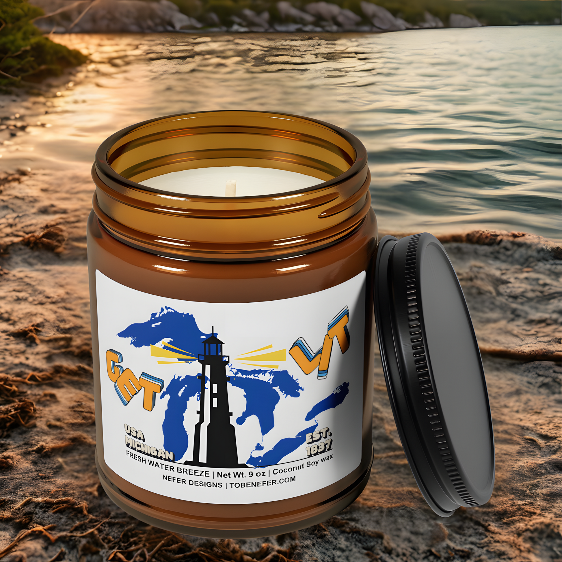 Handmade Michigan candle with Fresh Water Breeze fragrance"

