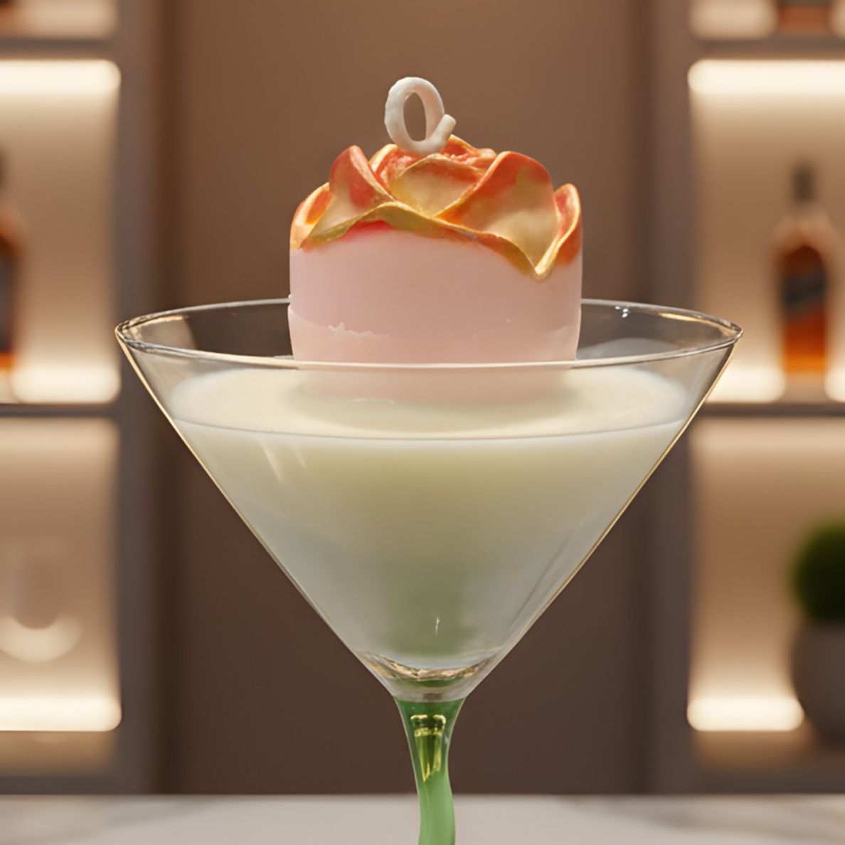 Close-up of the Gilded Rose Martini candle with a creamy wax base and a pink and gold rose embed, set against a blurred background of a modern bar display.