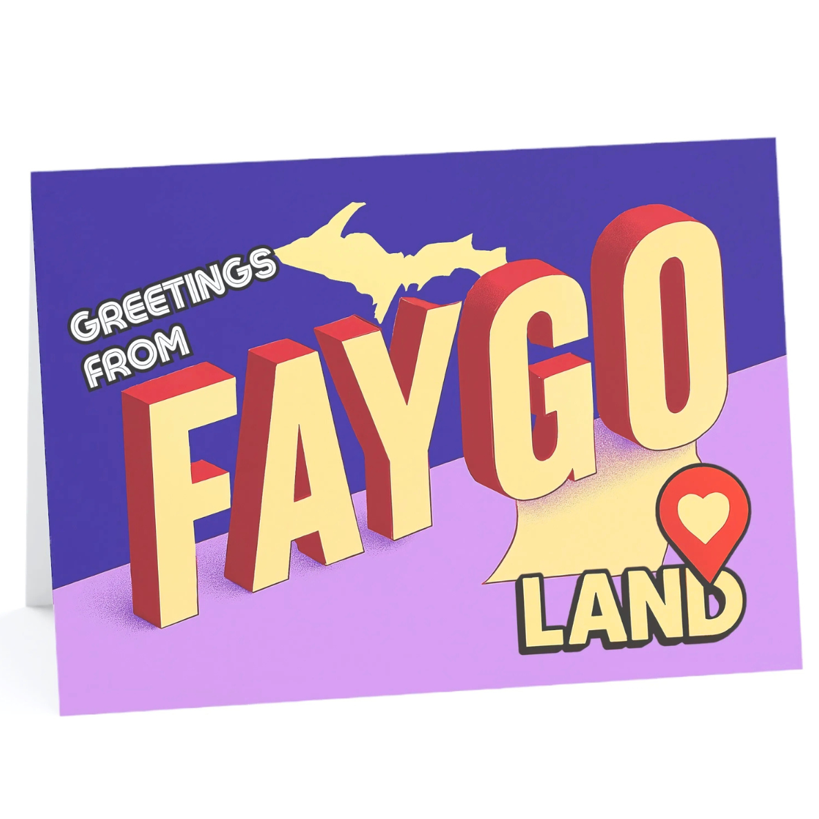 Greeting card with 'Faygo Land' text and Michigan outline on a purple background