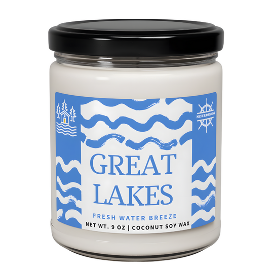 Great Lakes Blue Wave Soy Candle in amber glass jar with wooden lid, evoking the essence of freshwater shores.