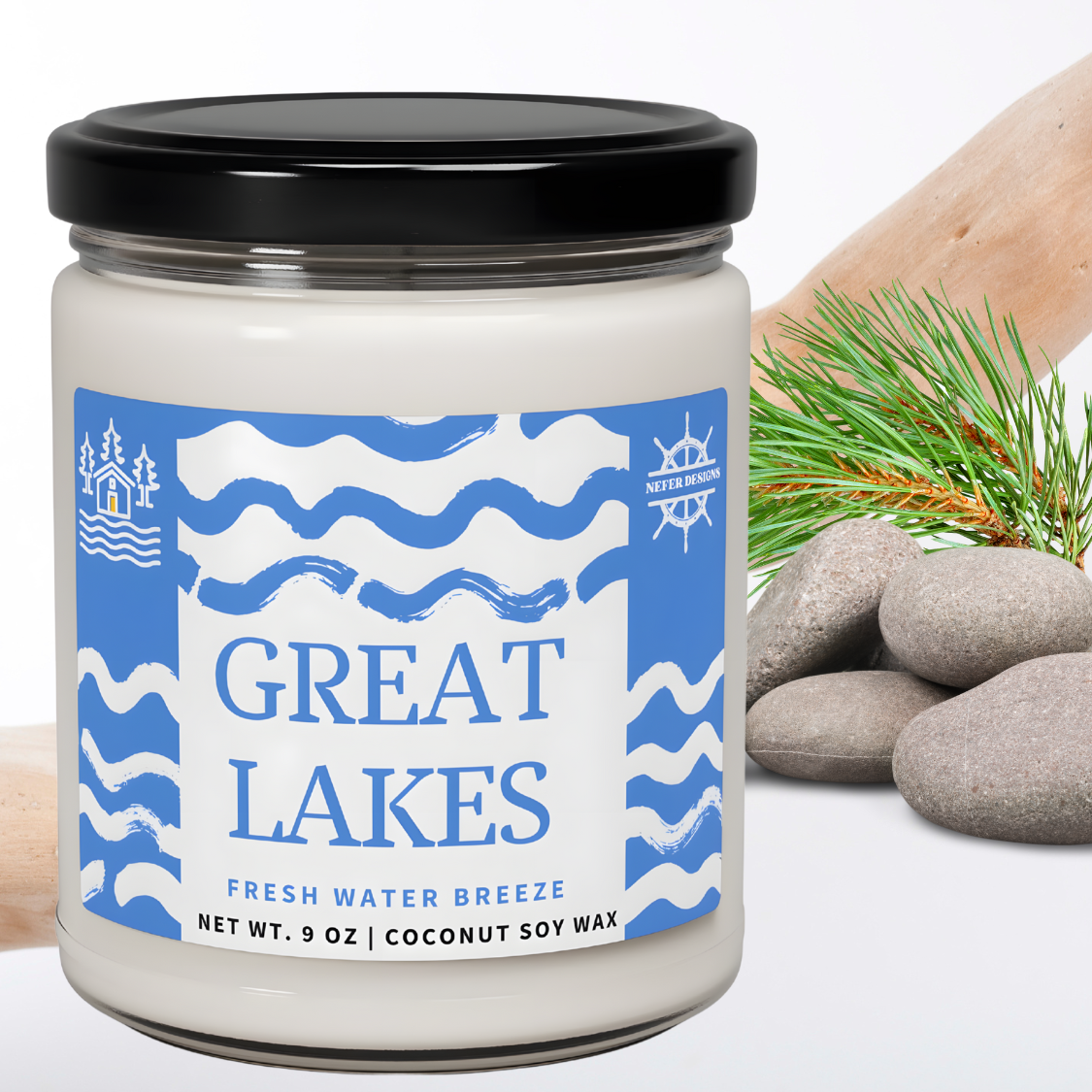 Hand-poured soy candle labeled 'Great Lakes Blue Wave,' featuring oceanic hues and a minimalist design.