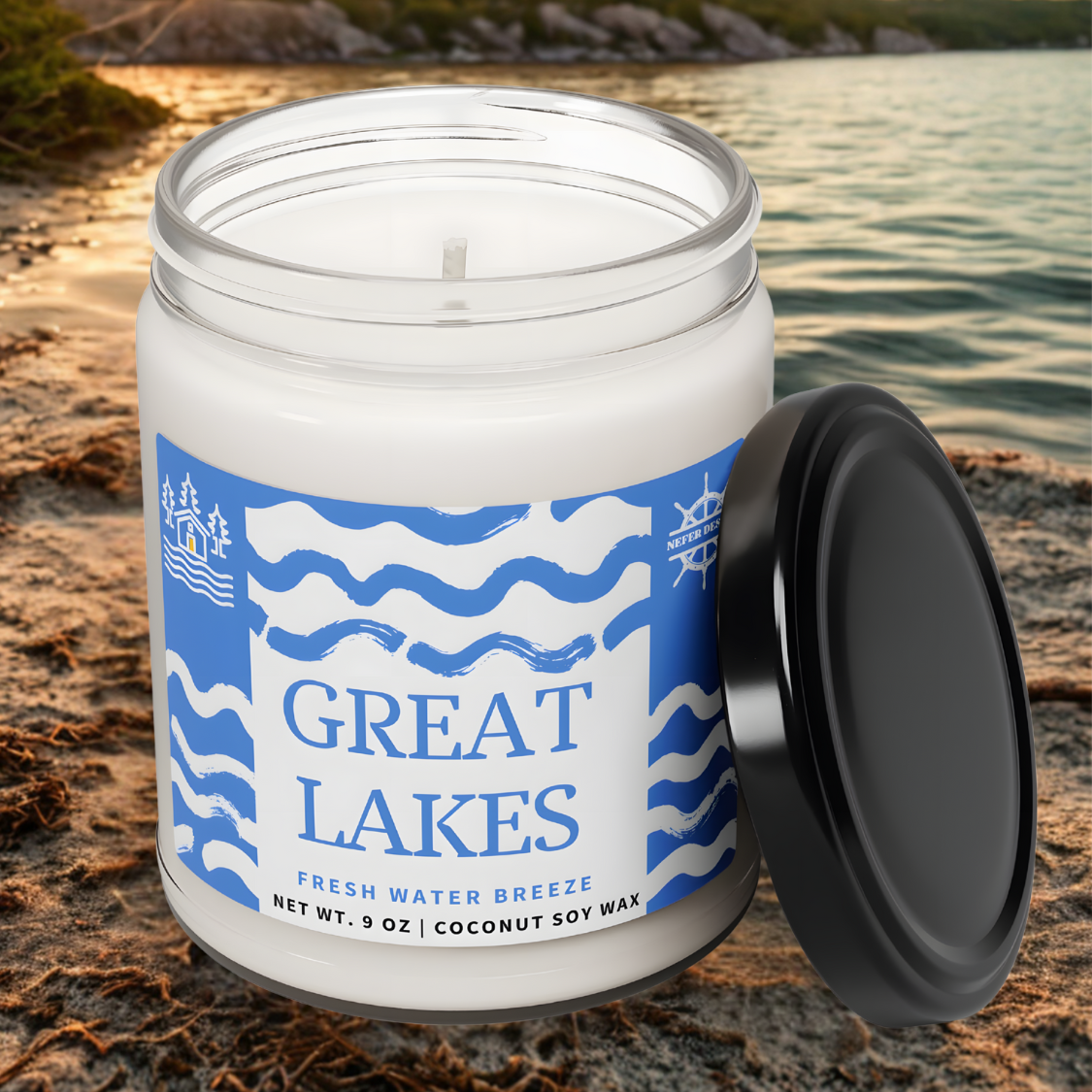 Eco-friendly Great Lakes Blue Wave Candle with cotton wick, set against a backdrop of lake-inspired decor.