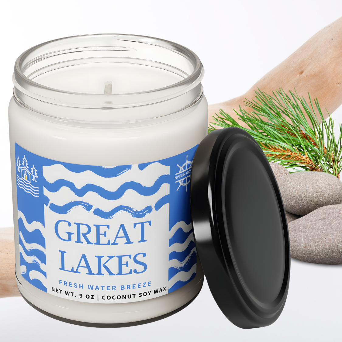 Close-up of Great Lakes Blue Wave Soy Candle showcasing its smooth soy wax and elegant packaging.