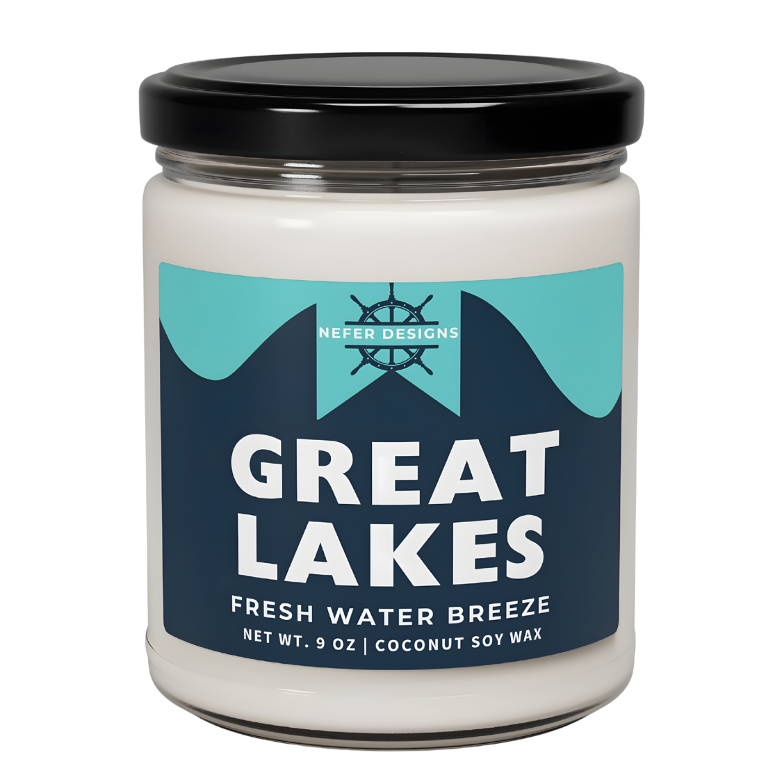 Great Lakes Freshwater Breeze 9 oz Coconut Soy Wax Candle in Clear Glass Jar with Black Lid - Hand-Poured Eco-Friendly Candle"