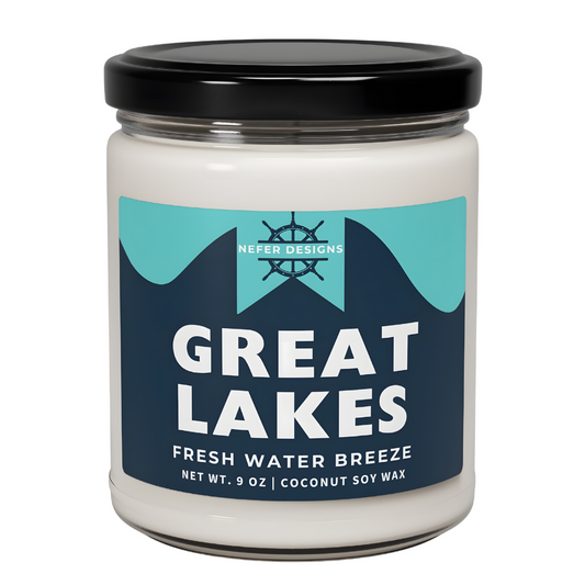 Great Lakes Freshwater Breeze 9 oz Coconut Soy Wax Candle in Clear Glass Jar with Black Lid - Hand-Poured Eco-Friendly Candle"