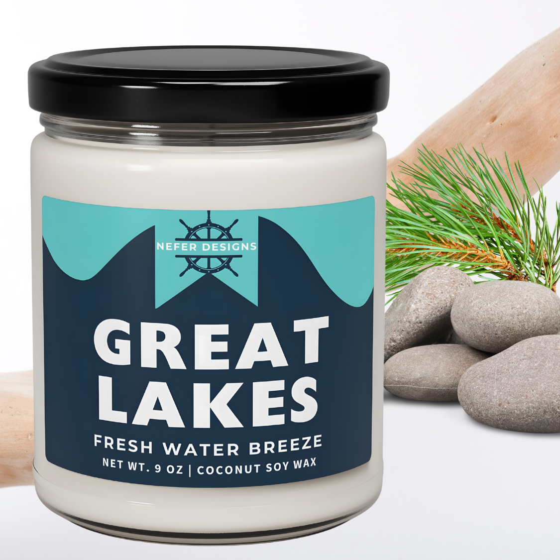 Great Lakes Freshwater Breeze Candle - 9 oz Hand-Poured Coconut Soy Wax in Clear Jar with Black Lid, Eco-Friendly Home Decor