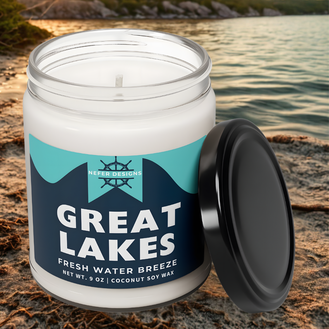 "Freshwater Breeze 9 oz Candle Inspired by the Great Lakes - Clear Glass Jar, Black Lid, Clean Burning Coconut Soy Wax