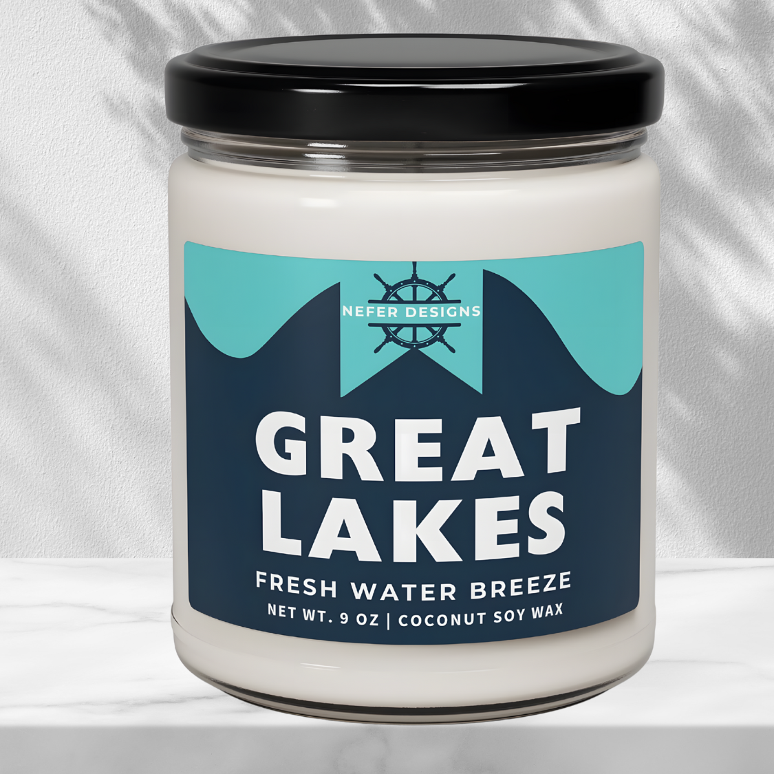 Eco-Friendly Great Lakes Freshwater Breeze Candle - 9 oz Coconut Soy Wax, Clear Jar with Black Lid, Coastal Fresh Scent