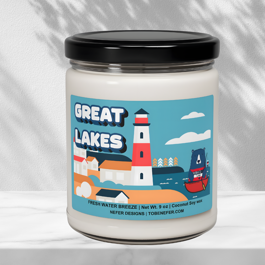 Great Lakes Fresh Water Breeze Soy Candle - 9 oz coconut wax, lake-inspired scent for Michigan, Ohio, Ontario.