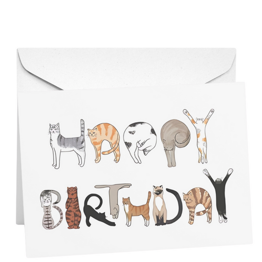 Birthday card with cats in various poses and the word 'BIRTHDAY' spelled out.