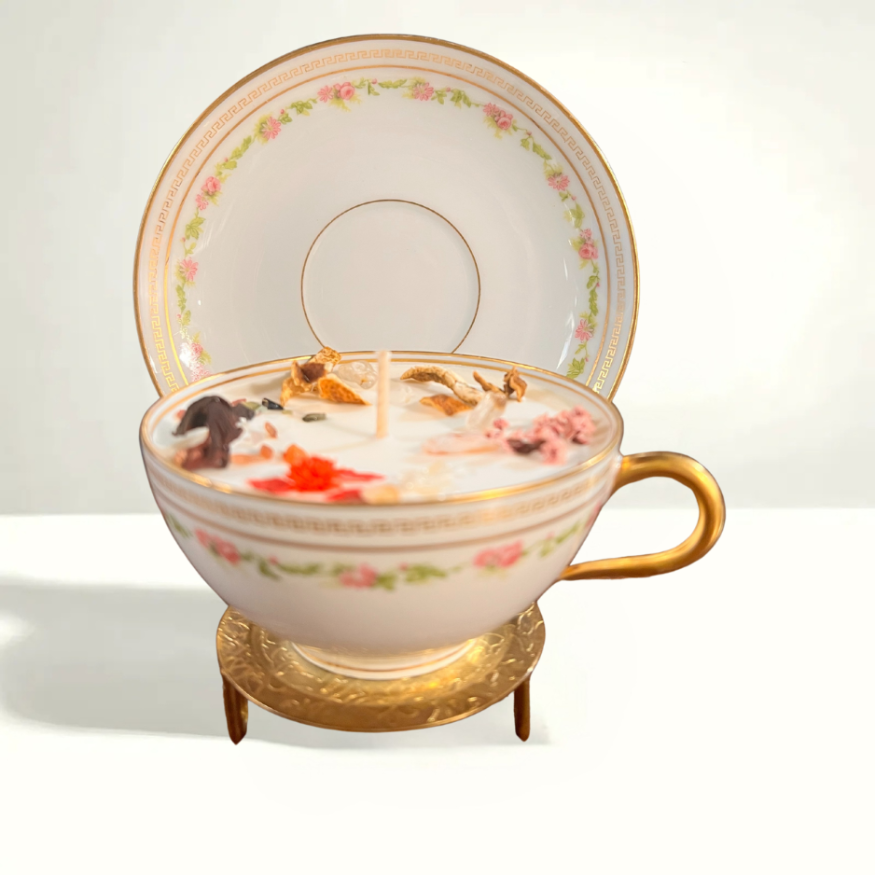 Haviland Limoges teacup and saucer with intricate floral designs and gold accents, crafted in France between the late 1800s and early 1900s