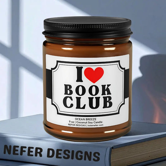 Ocean Breeze scented candle for book clubs - 9 oz coconut soy wax candle in minimalist jar by Nefer Designs, perfect for reading nooks and literary gifts.