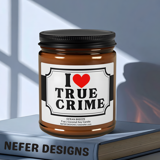True crime book-inspired candle in a 9 oz amber jar with coconut soy wax, perfect for mystery lovers and dark