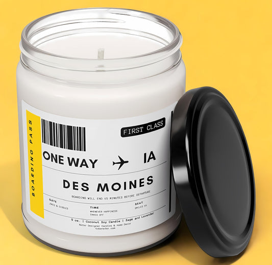 Iowa - Des Moines | Boarding Pass | State-themed candles