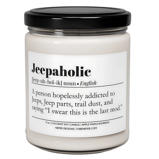Hand-poured Jeepaholic candle in a minimalist amber glass jar with a clean cotton wick with a white background. 