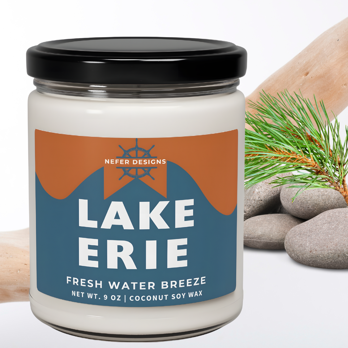 Two-tone Lake Erie candle with Fresh Water Breeze fragrance, eco-friendly coconut soy wax.