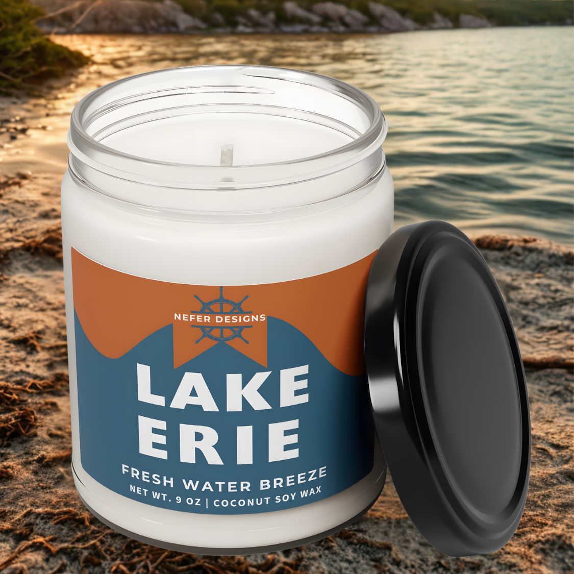 Handmade Lake Erie candle with Fresh Water Breeze scent, 9 oz coconut soy wax.