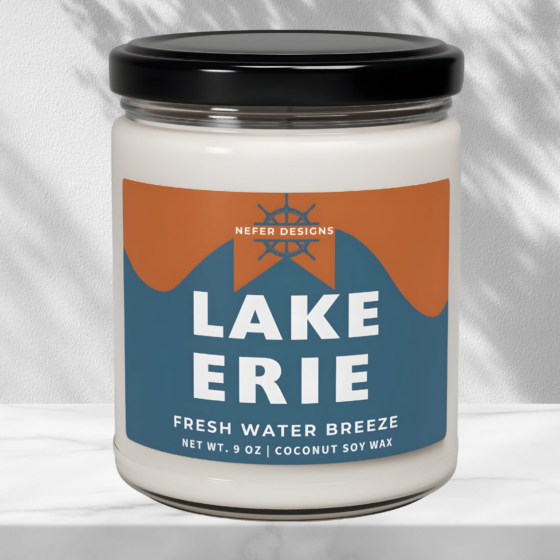 Nefer Designs’ Lake Erie candle, Fresh Water Breeze aroma, sustainable coconut soy wax.